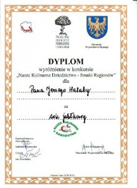 PAN JERZY HALABA Z ZAWADY OTRZYMAŁ WYRÓŻNIENIE ZA SOK JABŁKOWY W KONKURSIE